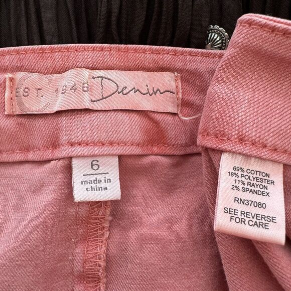 C EST. 1946 Denim Button Front Scalloped Mini Skirt Stretch Pockets Pink Coral 6 - Picture 15 of 15